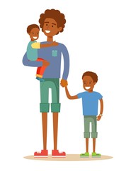 portrait of a father with his two children having a nice time. Mixed race family. Cartoon illustration, vector.