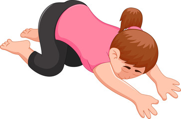 cute woman cartoon practicing yoga sport sitting with face down