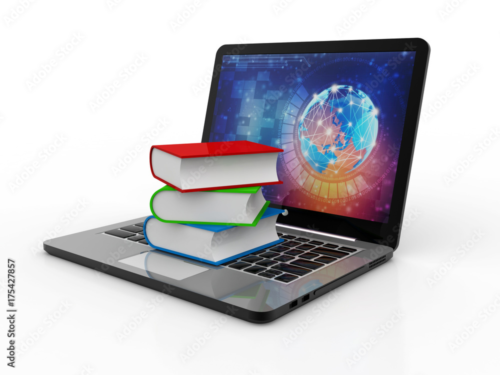 Poster digital library and online education concept - laptop computer with colorful books. 3d rendering