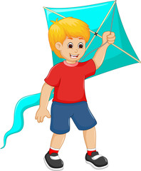 funny boy cartoon playing kite with smile
