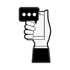 hand holding smartphone with chat bubble icon image vector illustration design black and white
