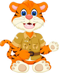 funny baby tiger cartoon sitting with waving hand