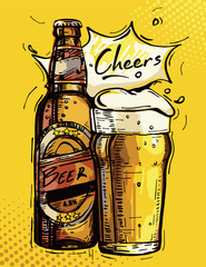 Vector image of a beer bottle and mug of beer. Hand drawing.