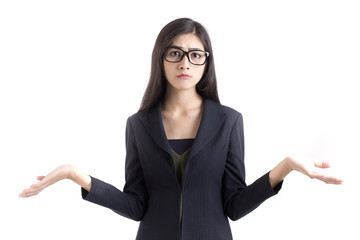 Asian Business Woman confused with hands up, Woman with problem for work concept. isolated on white...