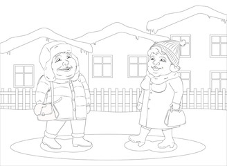 woman and man walking in a small winter town