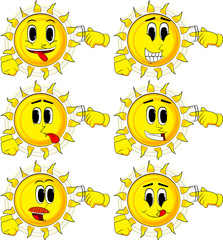Cartoon sun shows a you're nuts gesture by twisting his finger around his temple. Collection with happy faces. Expressions vector set.