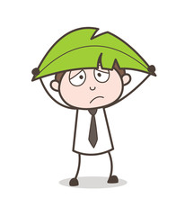 Cartoon Young Man Holding a Leaf for Safety Vector Illustration