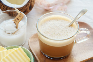 bulletproof coffee, blended with organic grass fed butter and MCT coconut oil, paleo, keto,...