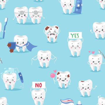 Tooth character personage dental clinic mascot with a toothbrush seamless pattern background vector illustration
