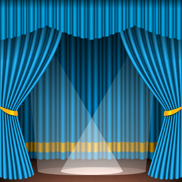 Theater stage with blue curtains entertainment spotlights theatrical scene interior old opera performance background vector illustration.