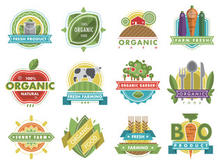Fresh healthy organic vegan food logo nature product food labels and tags vector illustration.