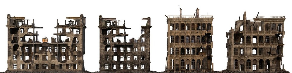 Fototapeta na wymiar Ruined Buildings Isolated On White 3D Illustration