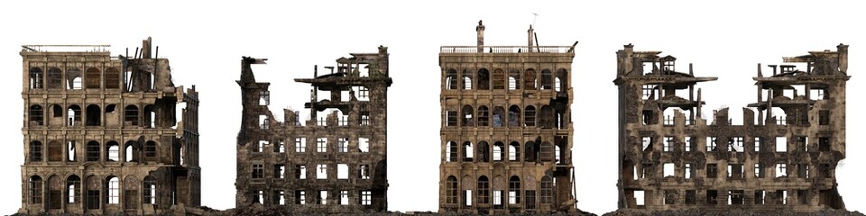 Obraz premium Ruined Buildings Isolated On White 3D Illustration
