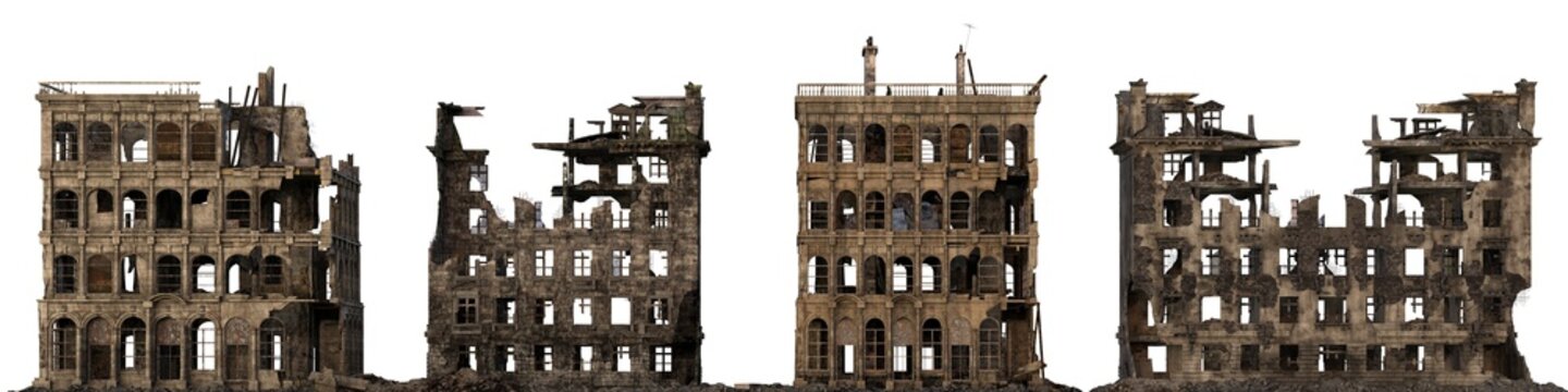 Ruined Buildings Isolated On White 3D Illustration