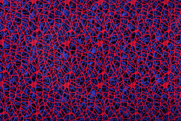Abstract background of woven red and blue threads on a black background.