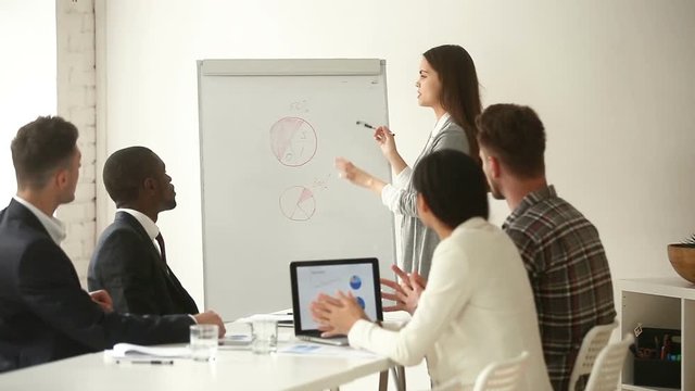 Young businesswoman giving presentation to multi-ethnic mixed group, business coach explaining project charts disagreeing with audience, team leader discussing marketing statistics with employees