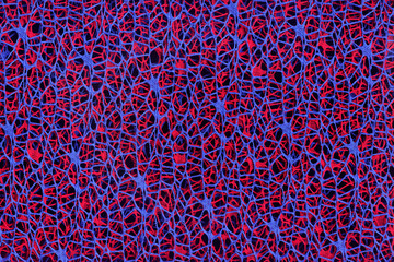 Abstract background of woven blue and red threads on a black background.