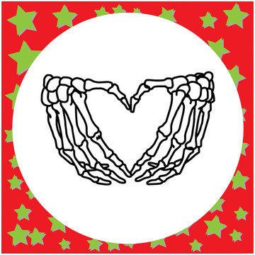 hand drawn skeleton hand with heart sign vector illustration isolated on white background. Love concept.