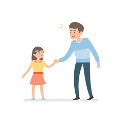 happy father and daughter holding hands while walking together, vector character illustration.
