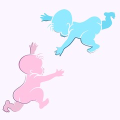 Stencil images of children which stretch each other hands on the lilac background. Vector pink and blue silhouettes of two newborn babies.