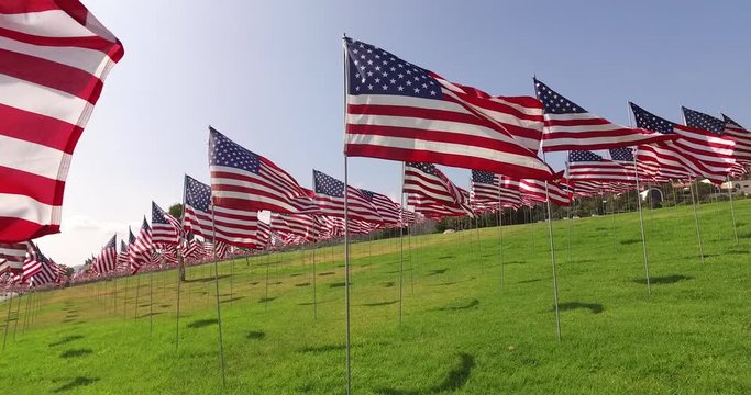 Set of American flags fluttering in the wind on the Memorial Day. Los Angeles, California, USA.