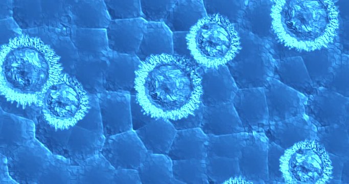 animation of bacteria, virus, cell flowing on blue background, concept of healthcare medical care research science