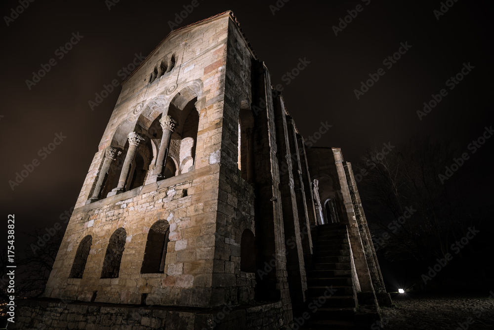 Wall mural catholic church of santa maria de naranco at night