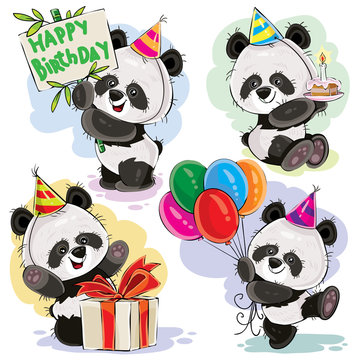 Cute panda bears baby cartoon characters celebrating birthday with cake, balloons and present in box vector illustration set isolated on white background for greeting card, birthday party invitation