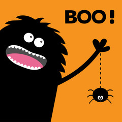 Screaming monster silhouette in the corner. Spider dash line web. Black Funny Cute cartoon baby character. Eyes, teeth, tongue, spooky hands. Happy Halloween Boo text. Flat Orange background. © worldofvector