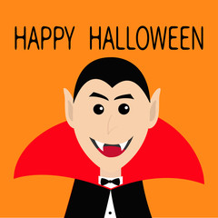Count Dracula head face wearing black and red cape. Cute cartoon smiling vampire character with fangs. Happy Halloween. Greeting card. Flat design. Orange background. Isolated.