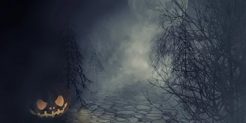Photo sur Plexiglas Gris 2 Jack O& 39  lantern ou citrouille d& 39 halloween dans un rendu sombre et effrayant de forest.3d.