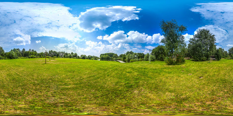Fototapeta na wymiar 3D spherical panorama with 360 viewing angle. Ready for virtual reality or VR. Full equirectangular projection. Cold blue sky with green grass and with some trees at summer.