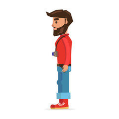 Bearded Hipster Man with Camera Cartoon Character