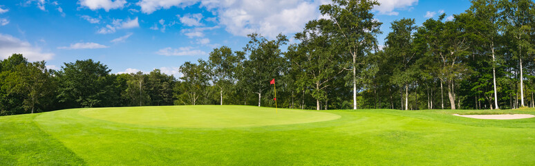 Panorama View of Golf Course with putting green in Hokkaido, Japan. Golf is a sport to play on the...