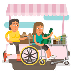 Differently abled female shopping on wheelchair with friend
