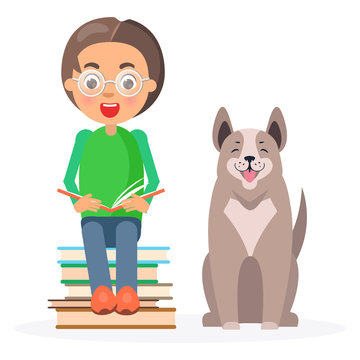 Child in Glasses Sitting with Books and Husky