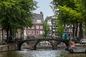 Houses and Boats on Amsterdam Canal..