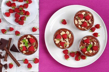 chocolate mousse in cups on table