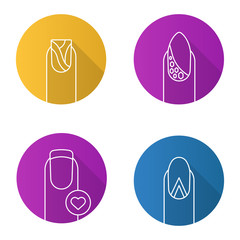 Manicure flat linear long shadow icons set