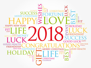 2018 year greeting word cloud collage, Happy New Year celebration greeting card