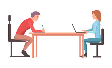 Obraz premium Two Character Discuss Their Project Illustration