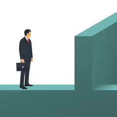 Barrier on a way to success. Businessman is standing in front of wall. Vector illustration flat design. Isolated on white background. Obstacle on road. Problem on way. Business people.