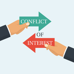 Conflict of interest. Business concept. Two businessmen keep the arrows red and green against each other. Vector illustration flat design. Isolated on white. Rivalry metaphor. Competitiveness symbol.