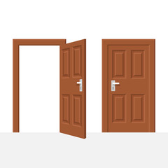 Open and closed wood door isolated on white background. Vector illustration flat style. Element of interesting design.