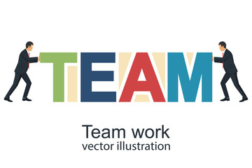 Fototapeta premium Team concept. Business metaphor. Two businessmen push word. Vector illustration flat style design.