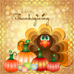 Postcard with turkey and harvest of pumpkins for congratulations with happy Thanksgiving in scrapbooking style. Vector illustration