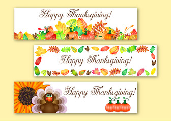 Cute banners with colorful autumn leaves, pumpkins and turkey for greetings with happy Thanksgiving. Vector illustration