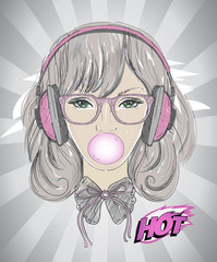 Hand drawn young woman fashion portrait with headphones