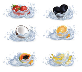 Fruits and Berries Drop in Water Illustrations Set