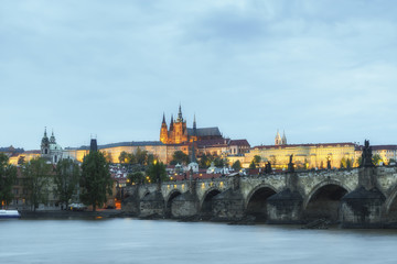 Prague Castle and Charles bridge (Karluv Most) at the night. Czech Republic